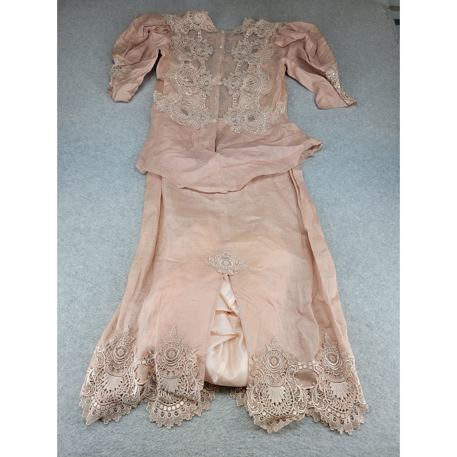 Vintage Peach Lace Peplum Top & Maxi Skirt Set Victorian Revival Cottagecore