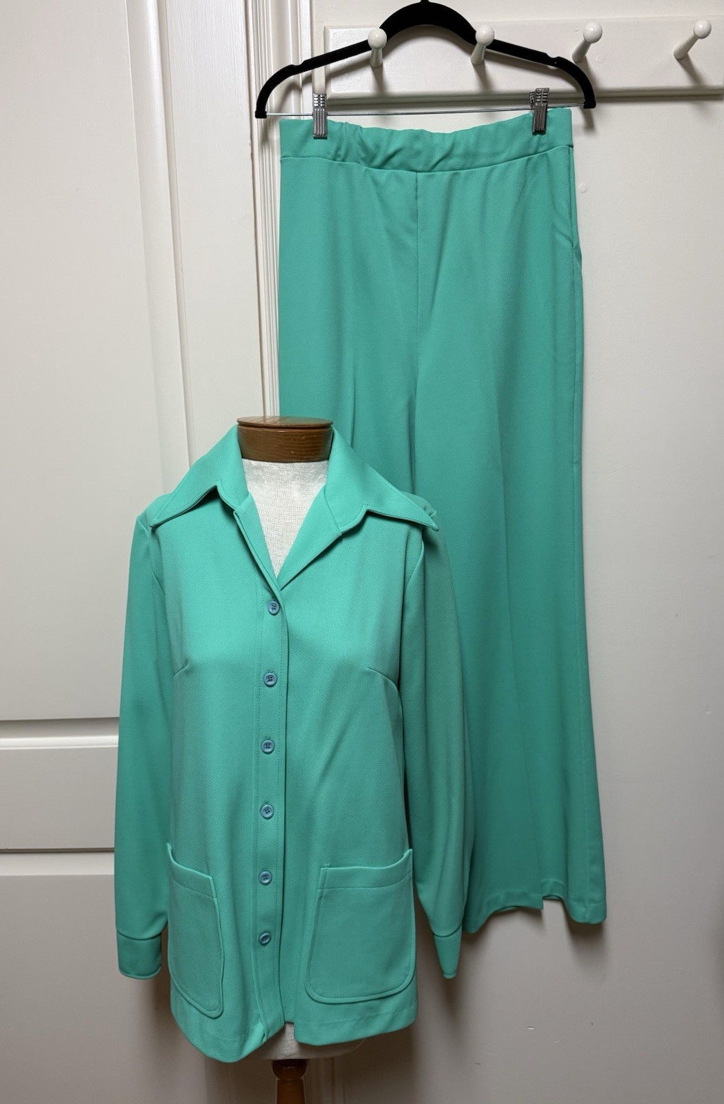 Vintage 1970’S Seafoam Green Double Knit Pantsuit Wide Leg Pull On Pant Size 14