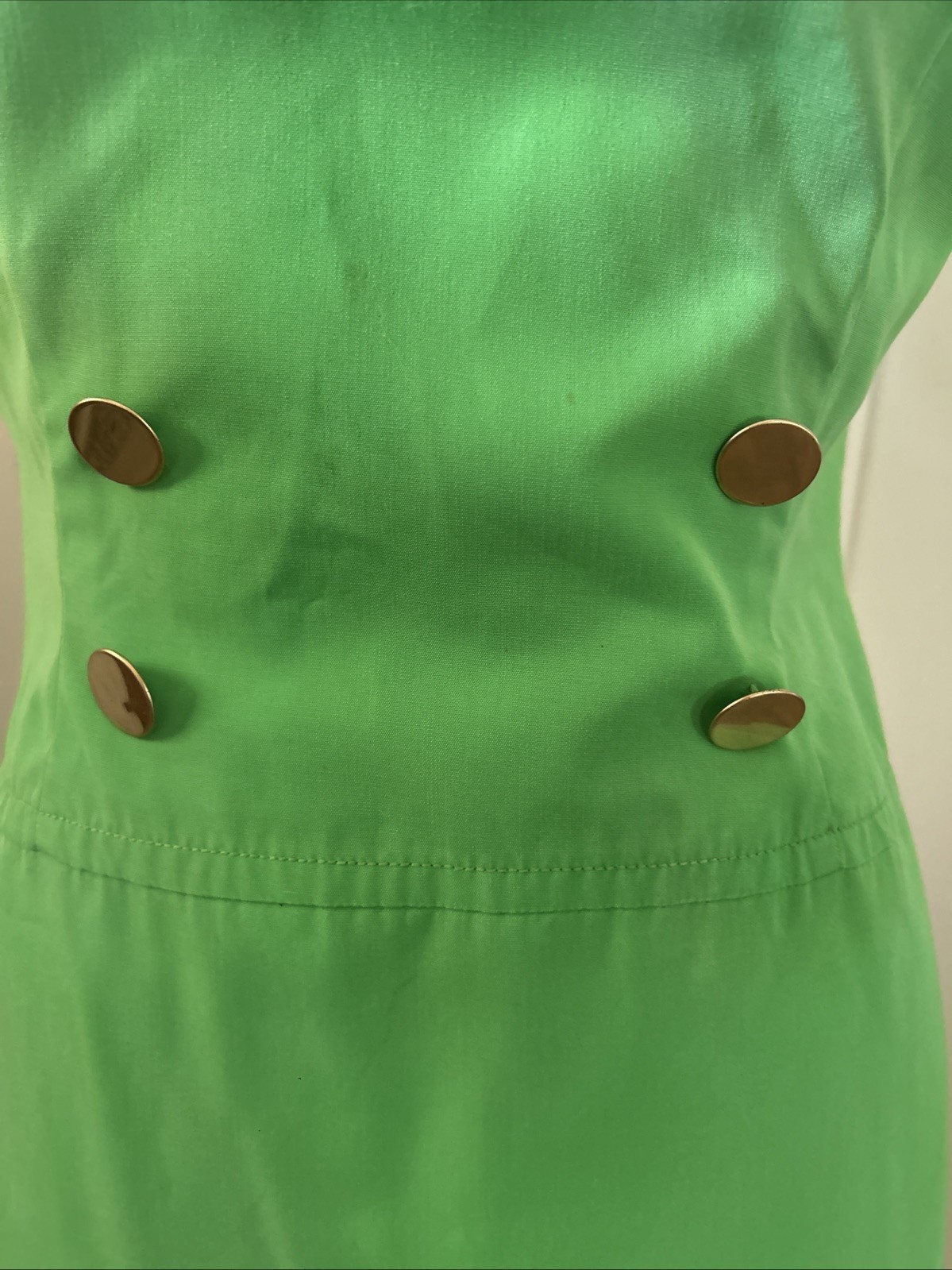 Vintage 1960’s Bobbie Brooks Mod Green Sleeveless Shift Dress Gold Buttons
