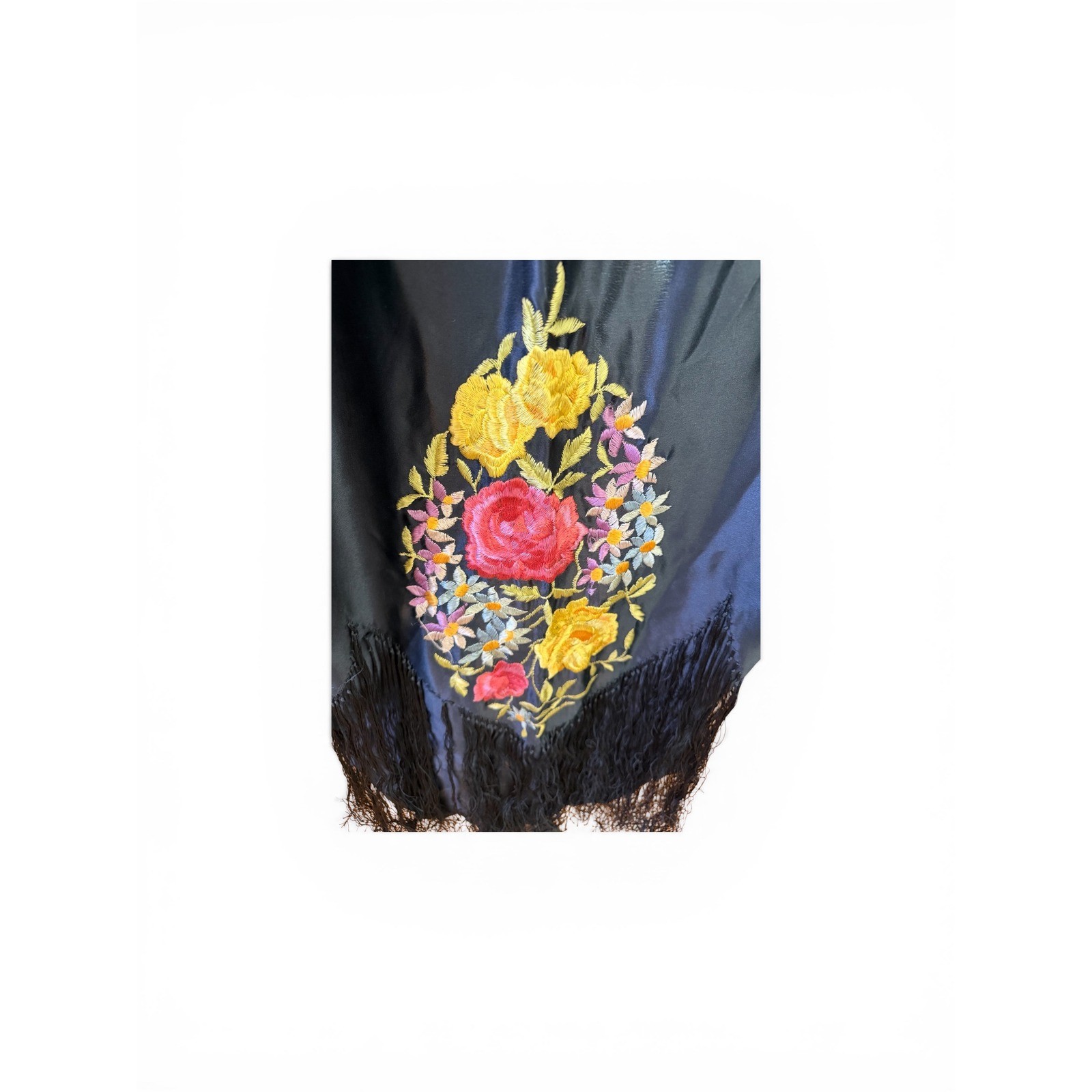Vtg roaring 20s Embroidered Piano Shawl Kimono Black Fringe Duster Robe boho L