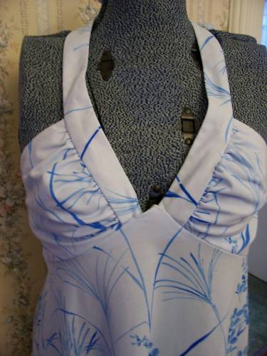 Beautiful Blue Floral Vtg 1950s Nani Hawaii PLUNGE NECKLINE HALTER DRESS Sz M