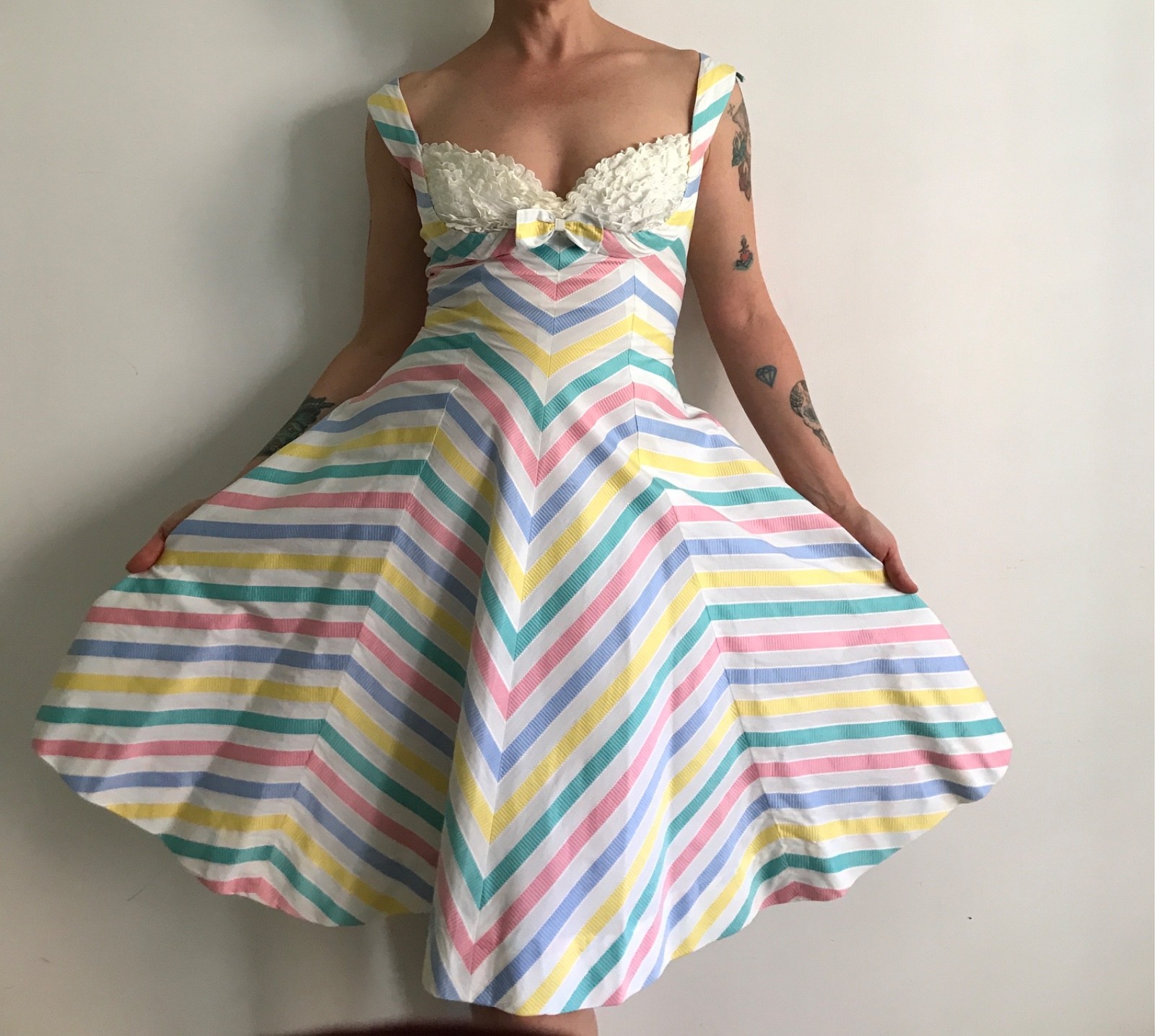 Vintage 1950s Original Tailored Dress, Chevron Striped Wheel Skirt