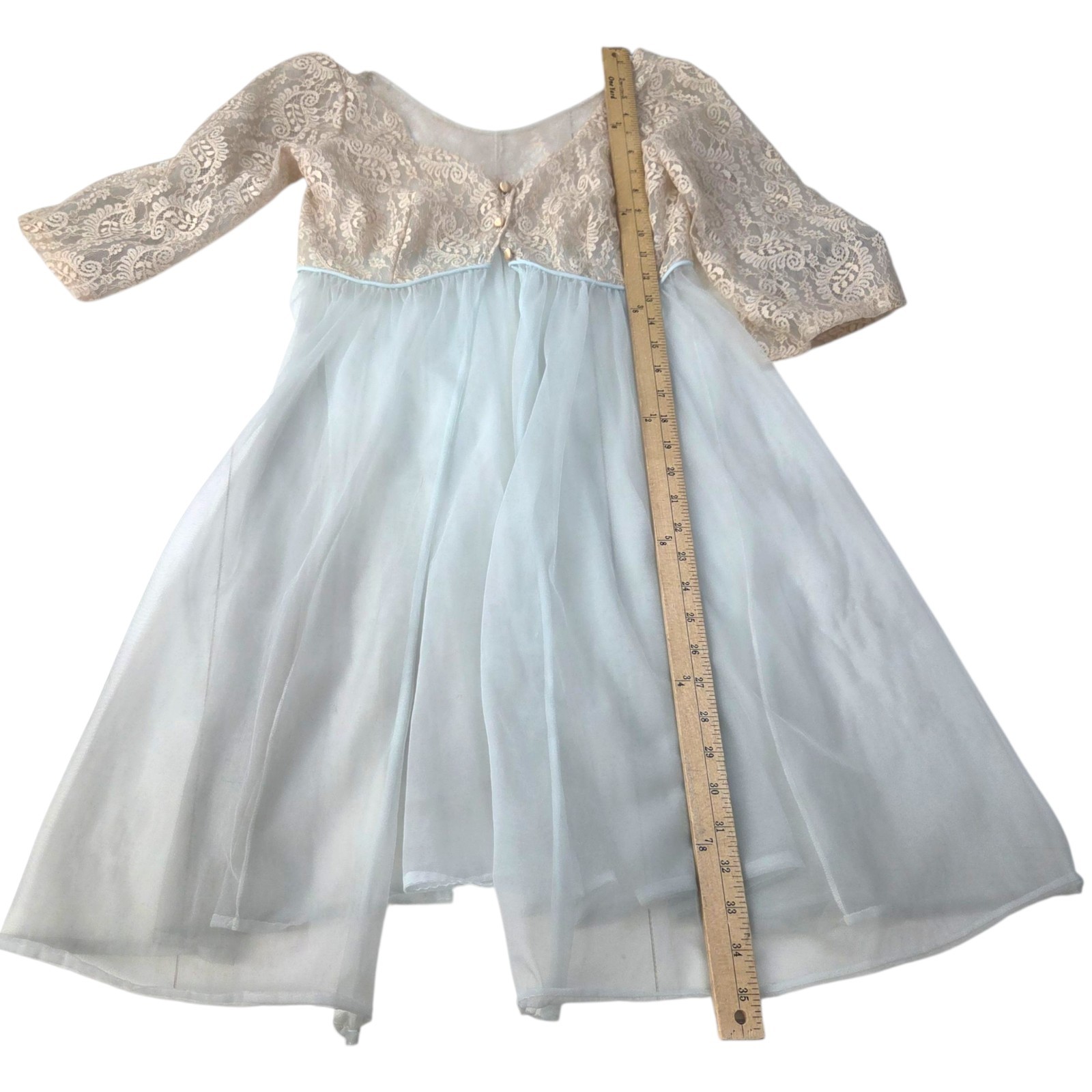 Vintage 60s Lisette Al Sterling Peignoir Nightgown Robe Set 34 Blue Beige Lace
