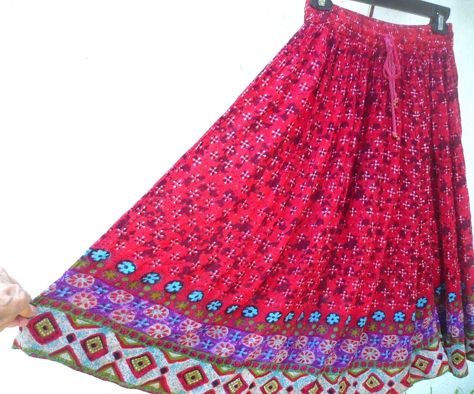VTG 90S JUST CRUISING RED PURPLE INDIAN LOK FULL SKIRT S M L HIPPY ELASTIC WAIST