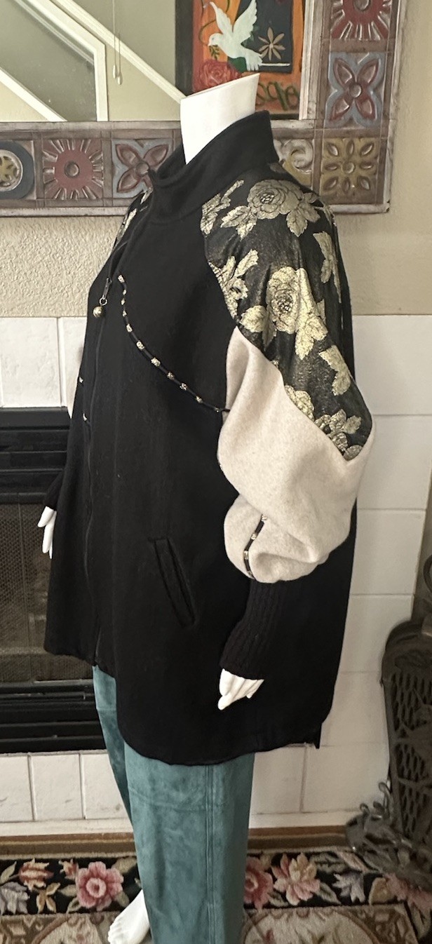 Vtg Wool Coat XL Lady Suzette Black Gold 80s Glam Zip Up Jacket Bat Wing Sleeves