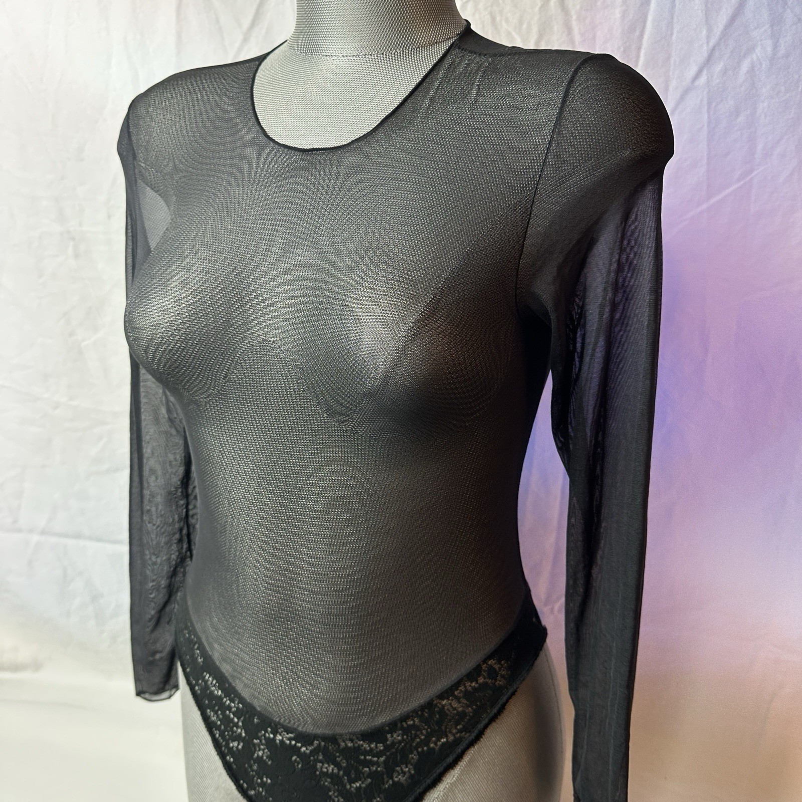 Vtg 80s Guy Laroche Black Sheet Bodysuit Teddy Romper Lace Bottom Sz S Nylon