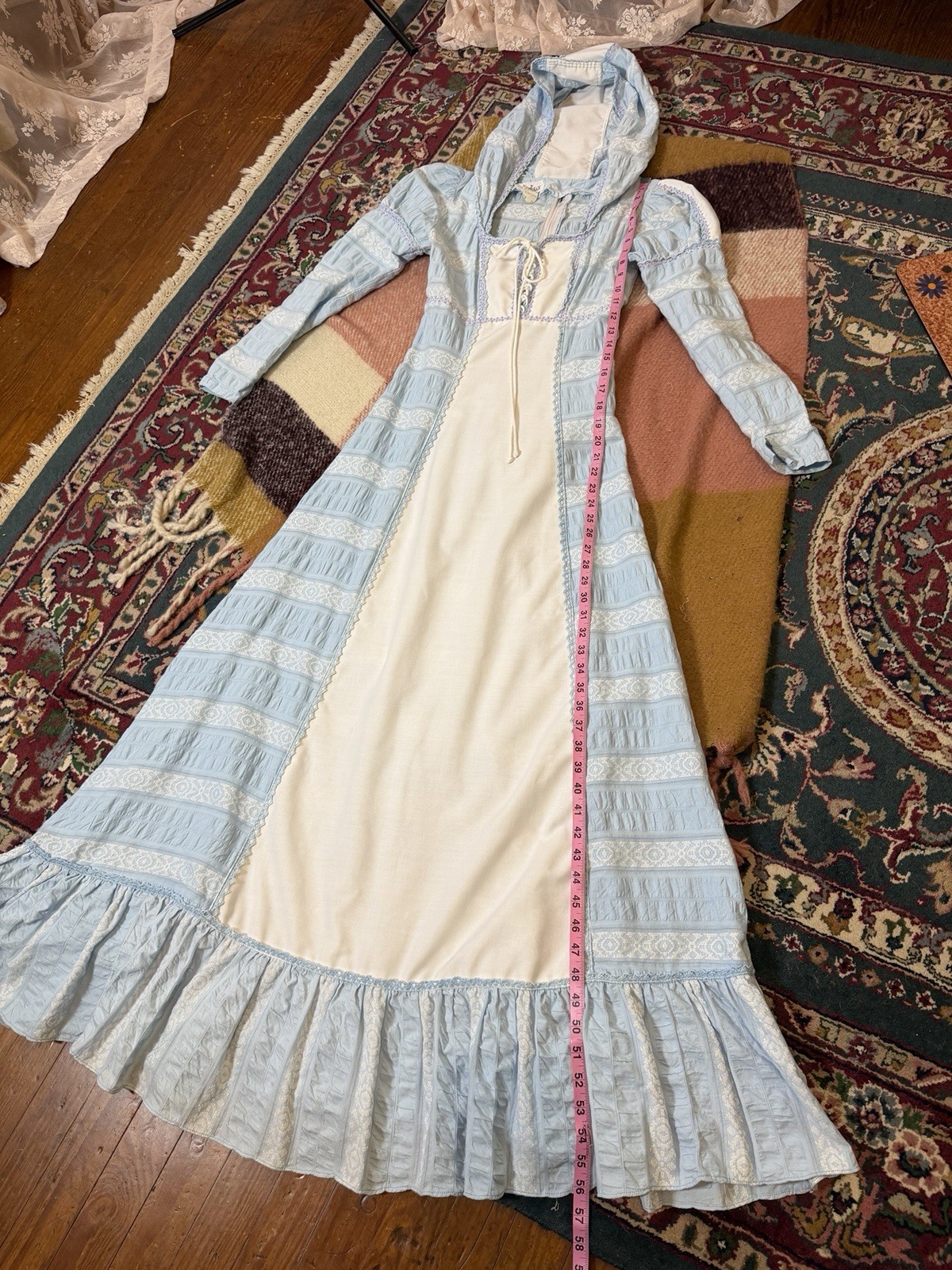 Rare White Label Gunne Sax Blue and White Hood with Blue and Pink Trim, 7