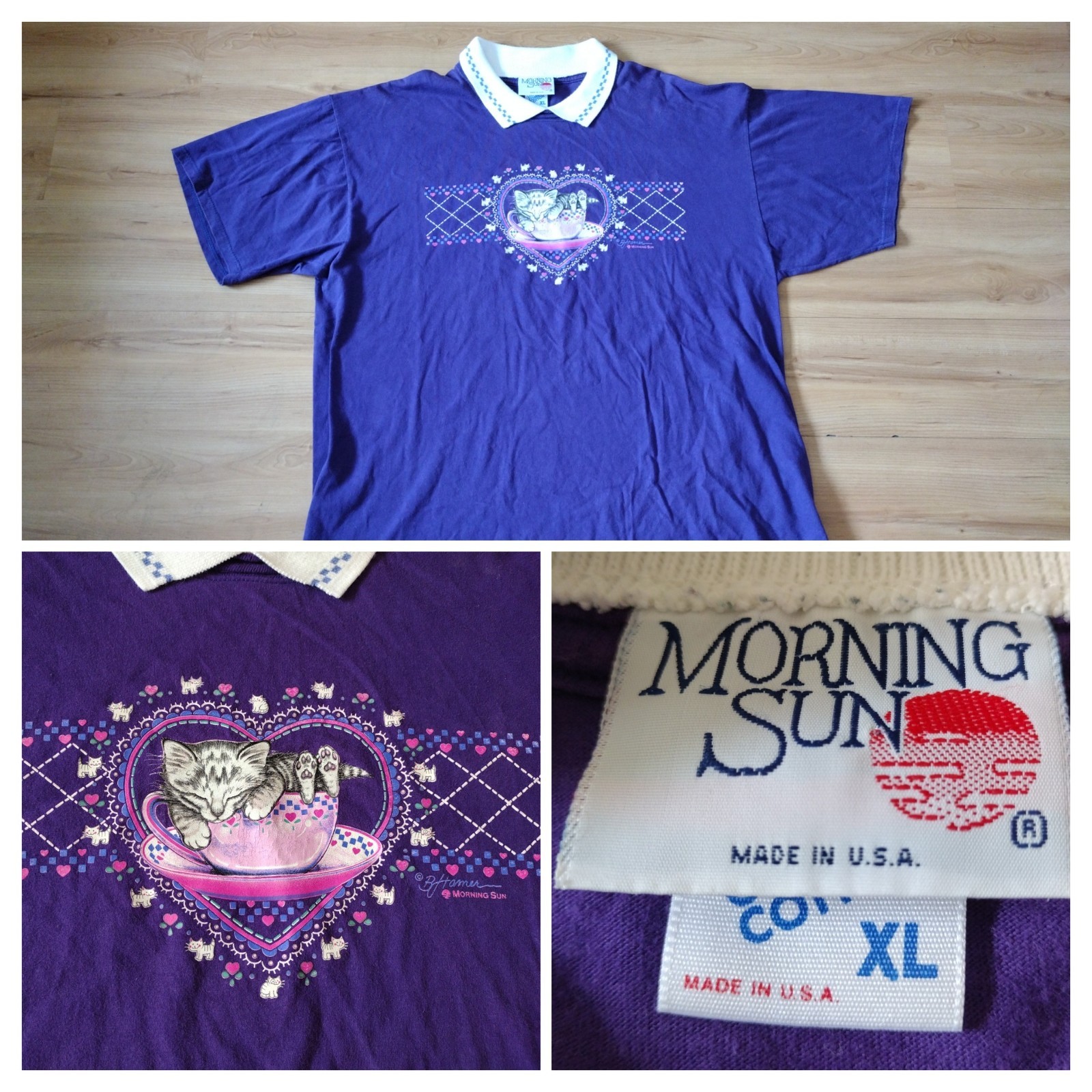 Vintage XL Grandma Style Morning Sun Jerzees Purple Cat Sleeping USA Made Shirt