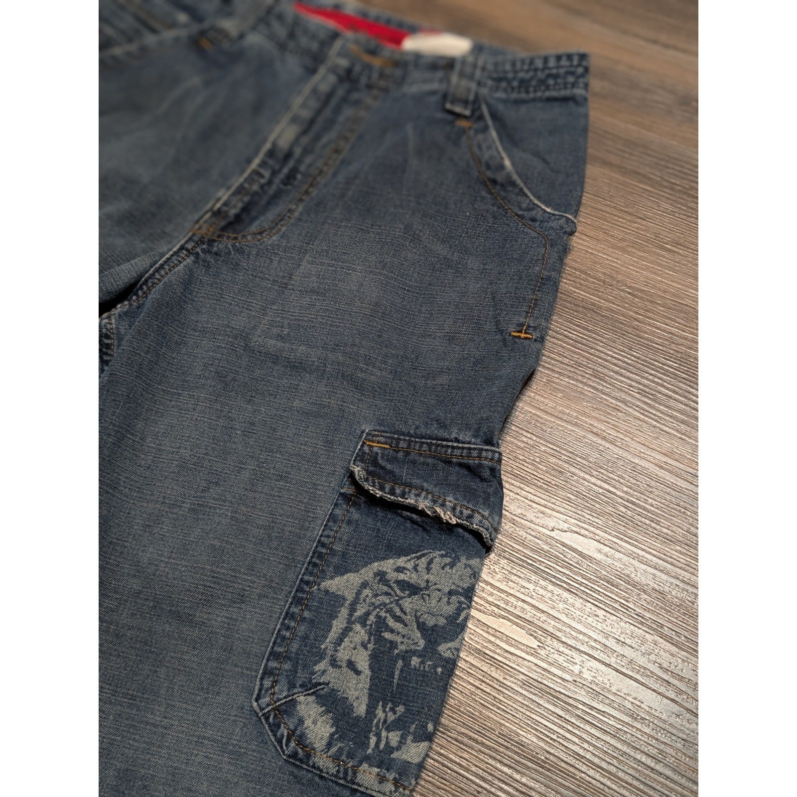 JNCO 90s Wide Leg Cargo Blue Denim Tiger Pocket Skater Pants Size 18 (30×28)