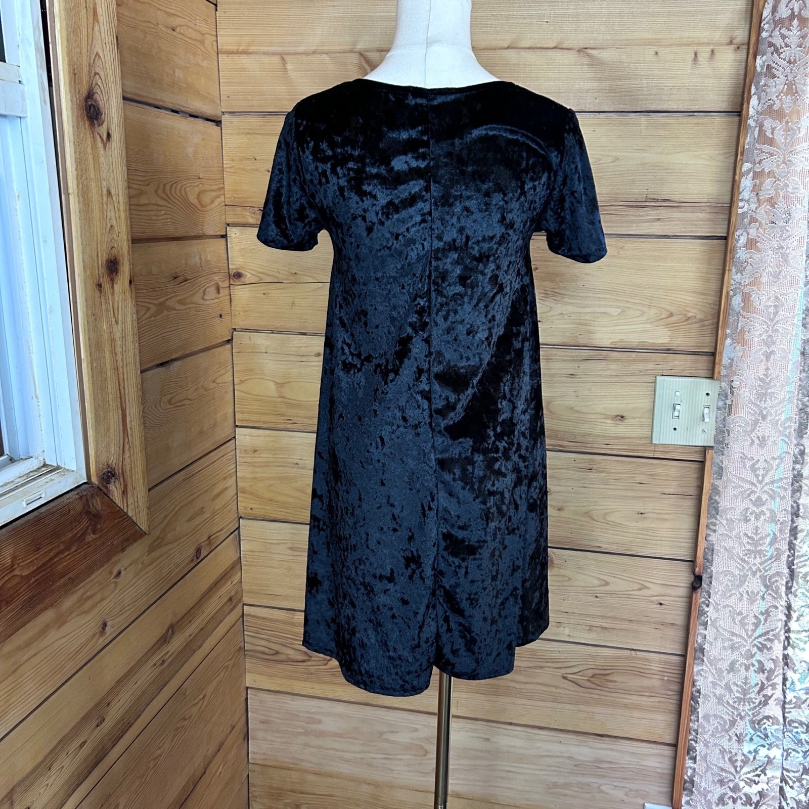 Vintage Crushed Velvet Shift Dress Womens Small Black Babydoll Love Culture