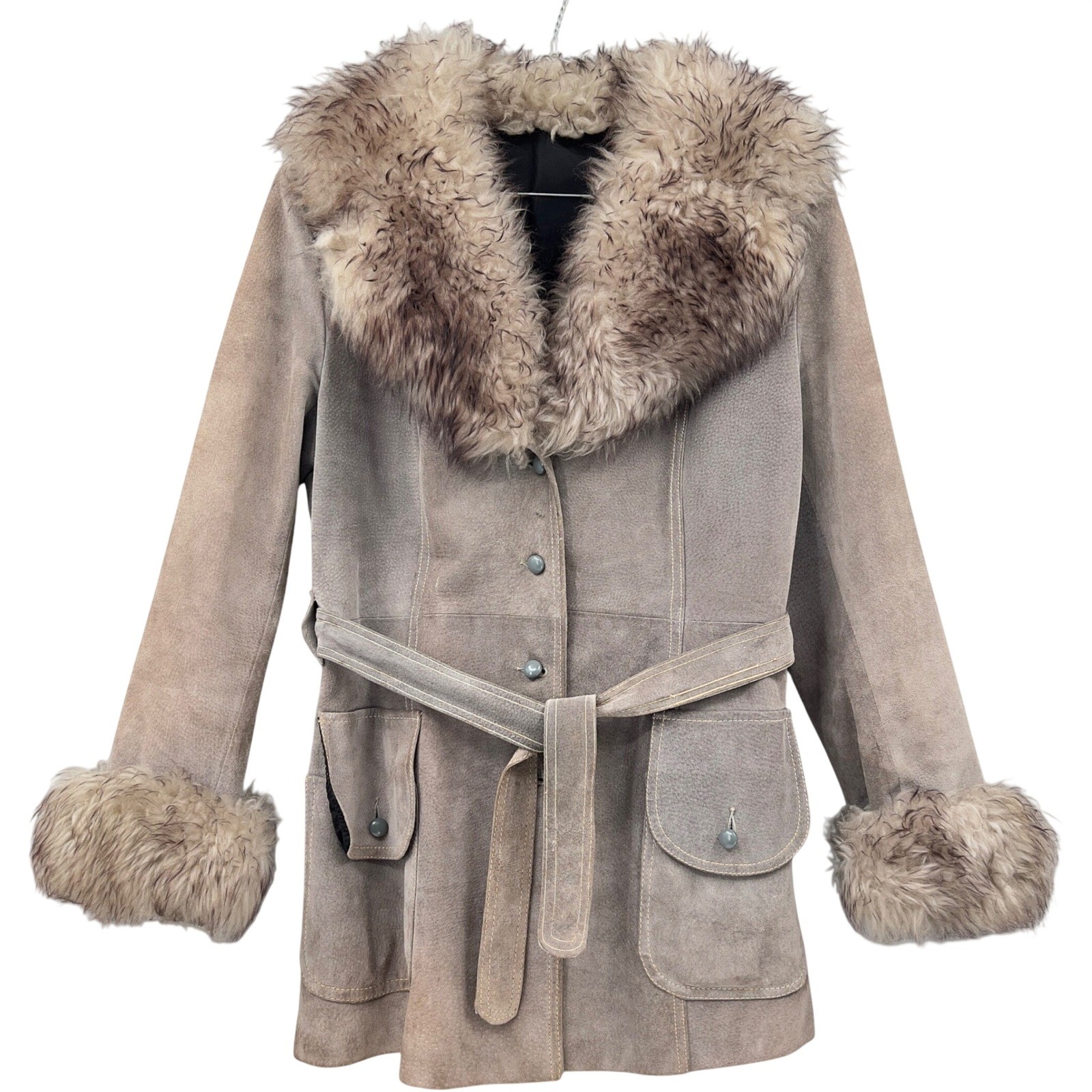 Avanti Penny Lane Suede Fur Trim Afghan Coat Belted Vintage 70s Daisy Jones 12 L