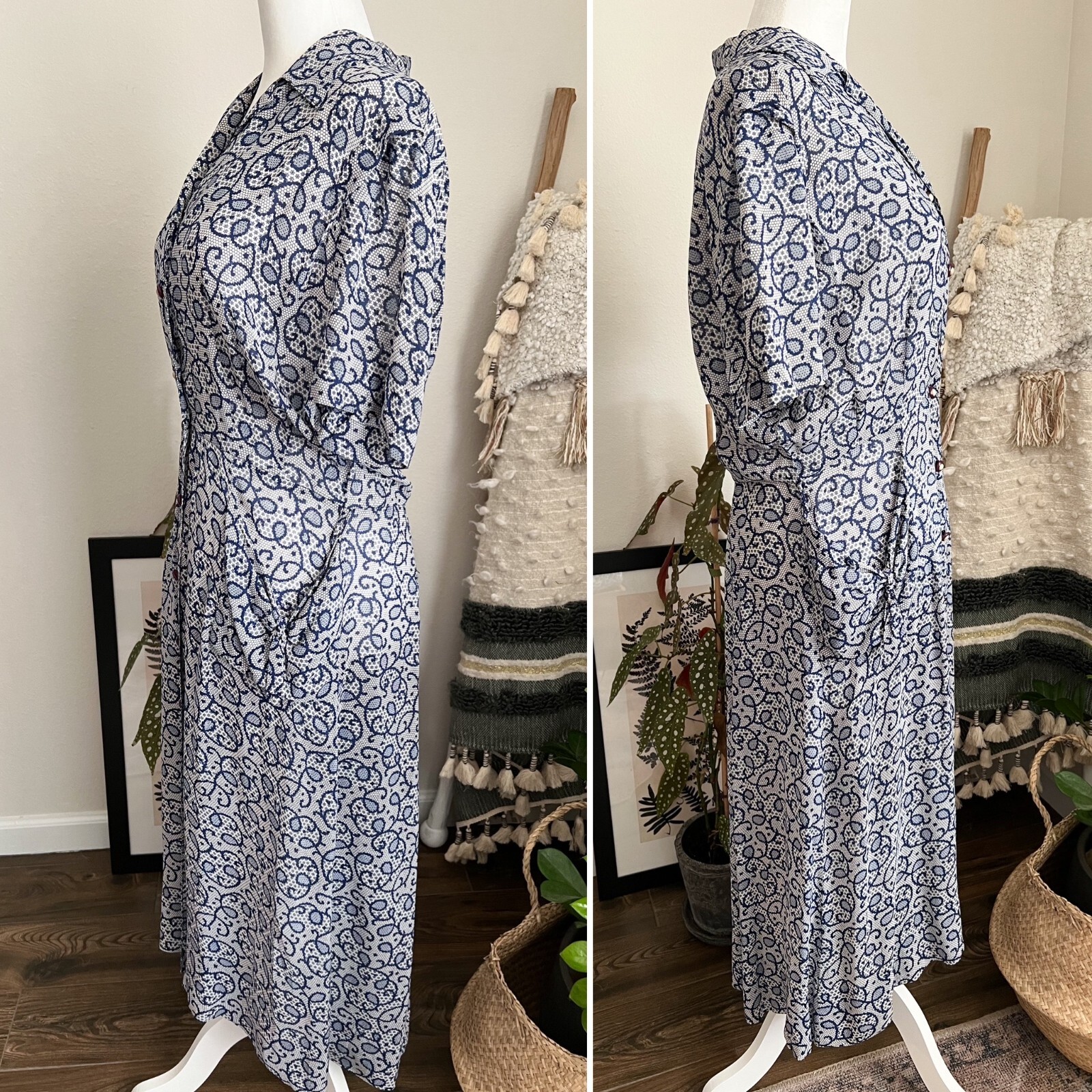 Vintage 40s Blue 1940s Women’s Patterned Rayon Button Swing Day Dress