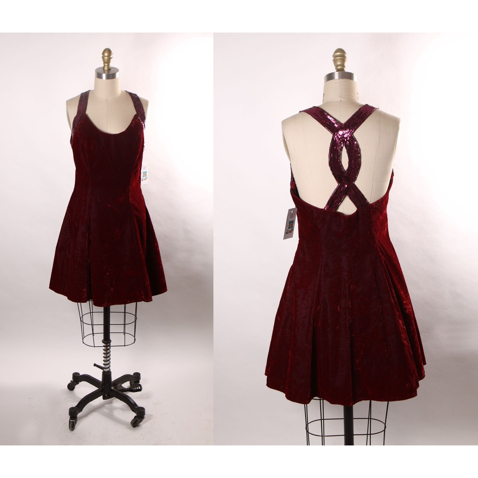 1980s 1990s Burgundy Velvet Beaded Flared Skirt Formal Prom Dress by De-Laru