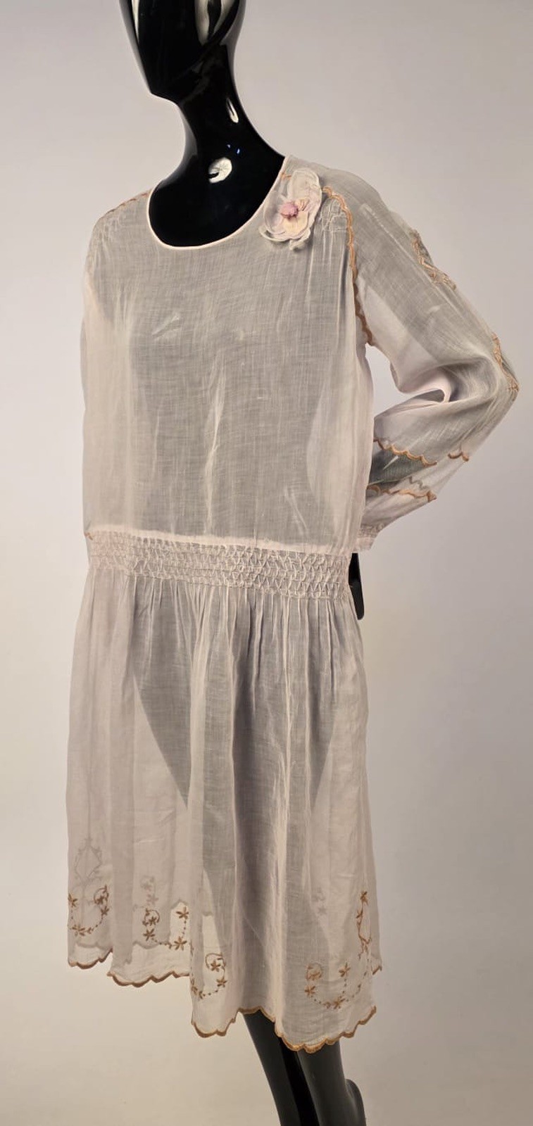 SWEET FLAPPER 1920’S SHEER MUSLIN DRESS W HAND EMBROIDERY + DIAMOND CUTOUTS