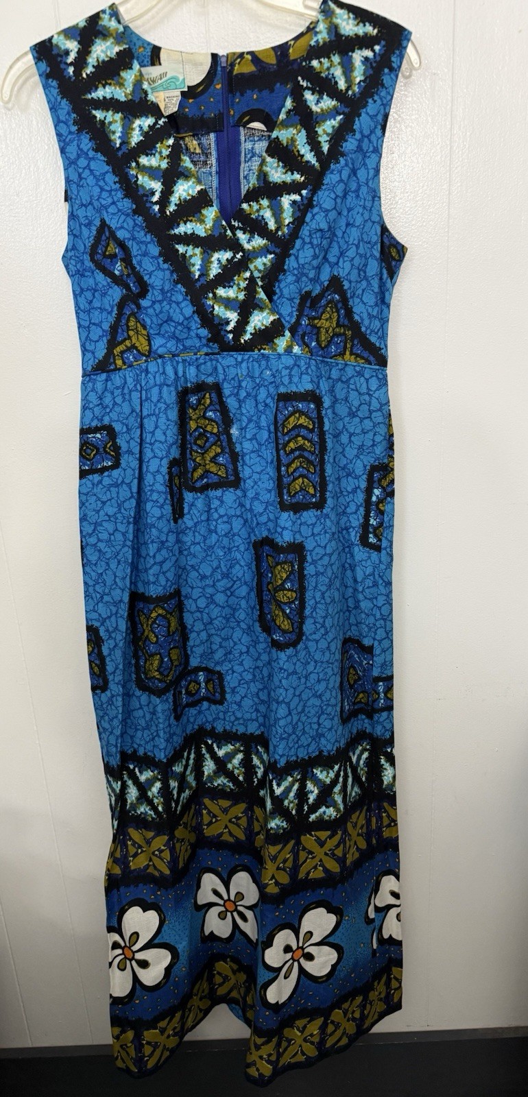 Penneys Hawaii Vintage Maxi Dress Blue Tropical Tiki Print Sleeveless S Resort