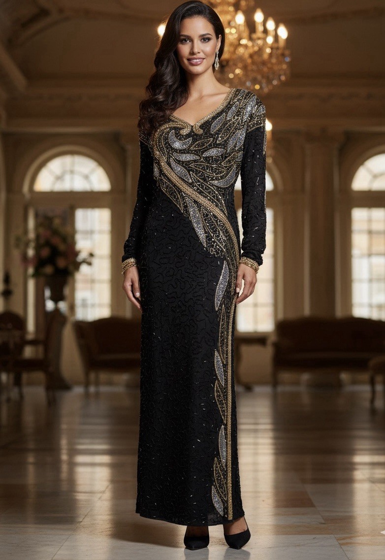 Vintage Long Jewel Queen Black Silk Beaded Gown Dress Gold Beaded