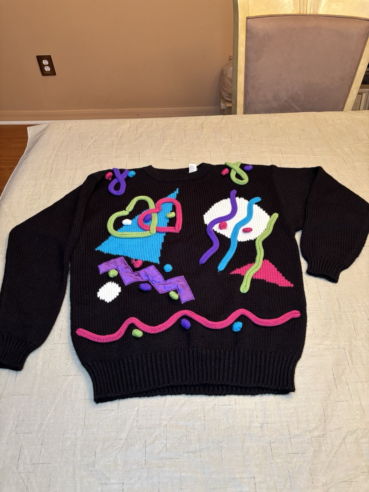 Vintage Gitano Abstract Pop Art Sweater Neon 3D Knit 80s 90s Retro Size L RARE