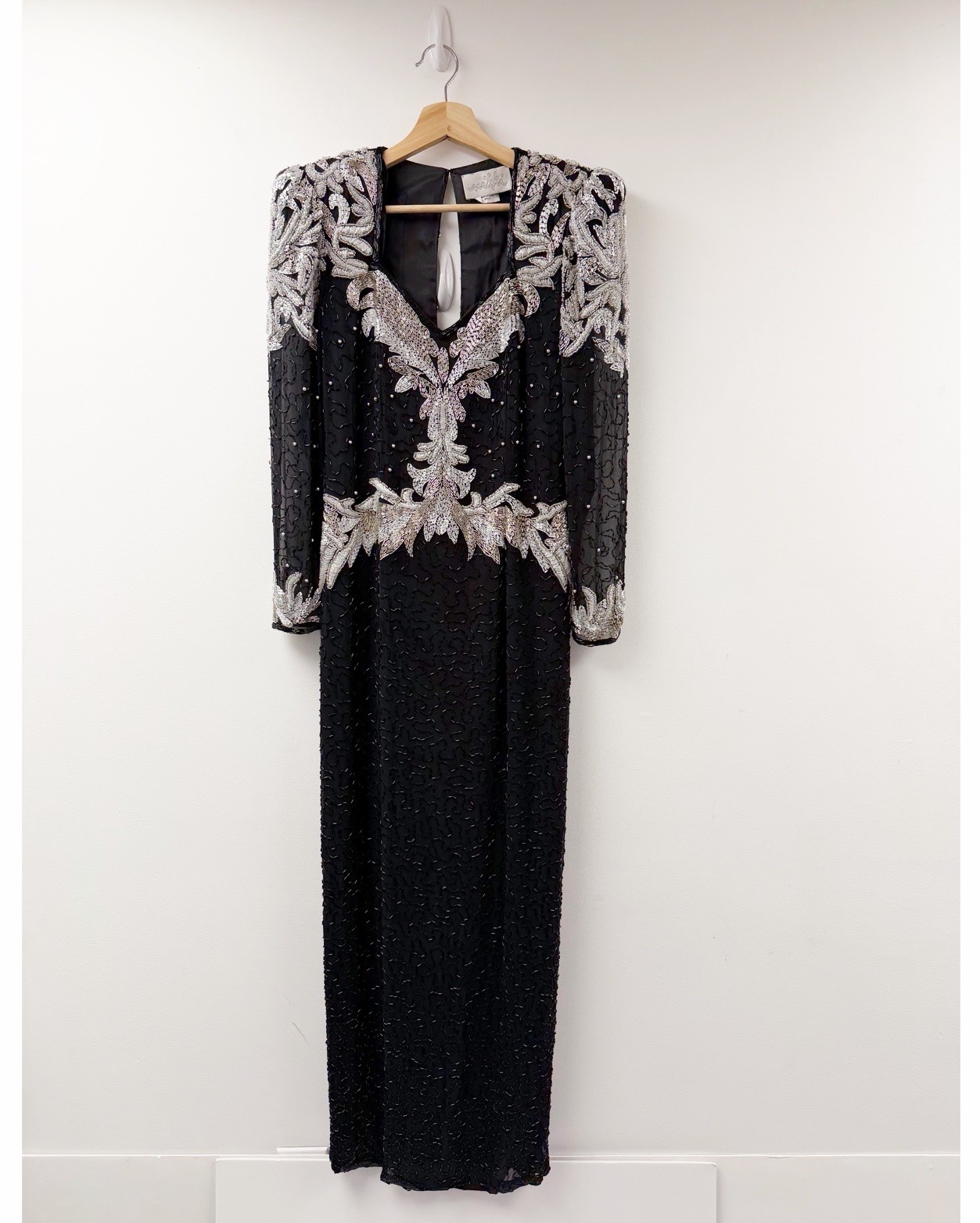 Vintage 80s Jovani Silk Black Beaded Gown Handmade Gold Bead Dress Sz S