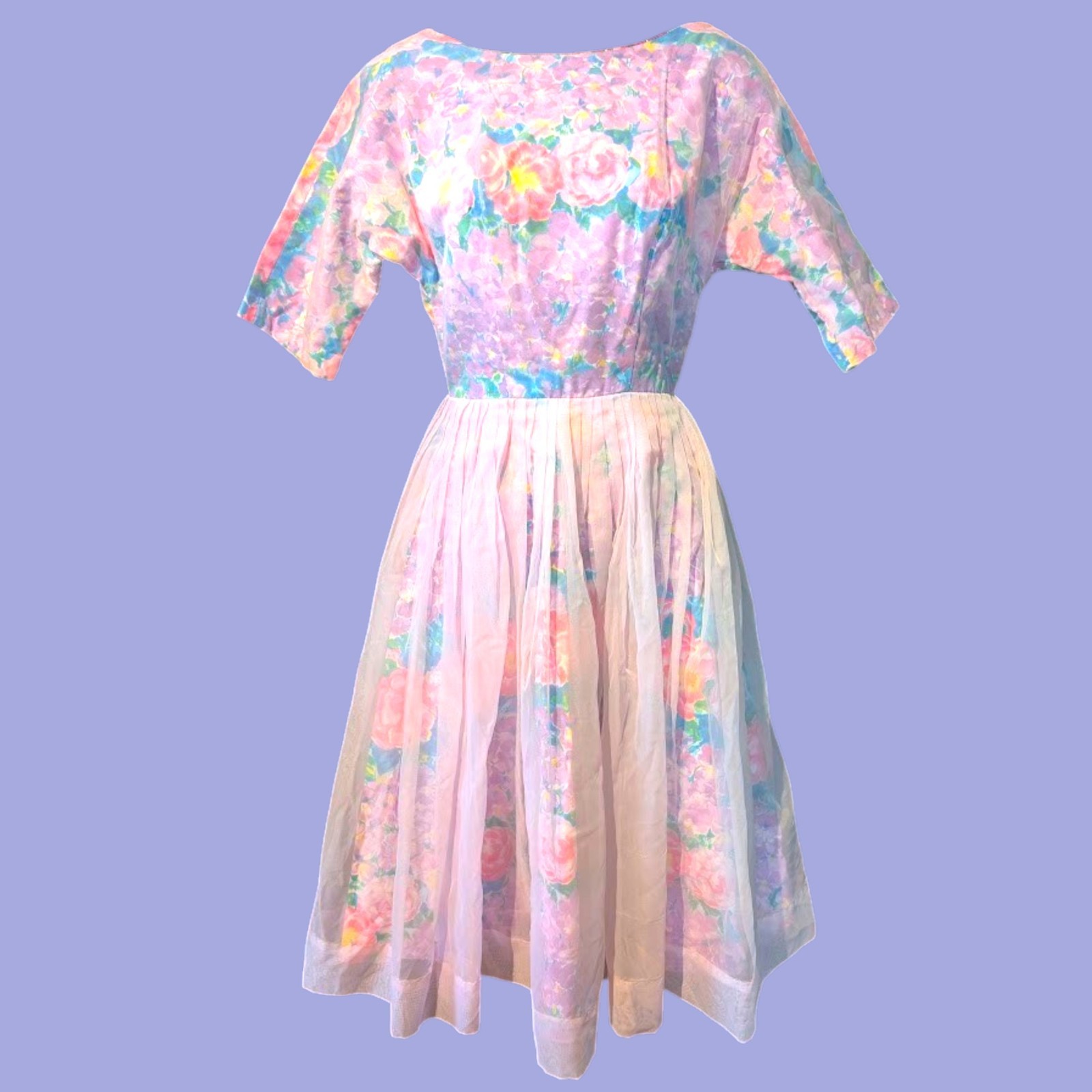 1950s VTG PASTEL FLORAL MIDI DRESS pleated sheer organza & calico XXS 0 1F