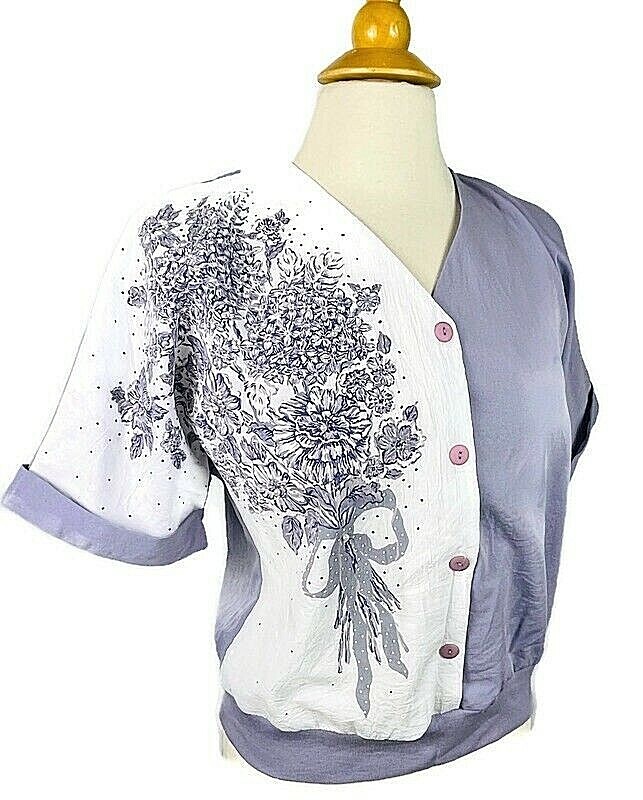 VINTAGE Teddi Petite Women’s Top Petite PM Lavender White Floral Pearls