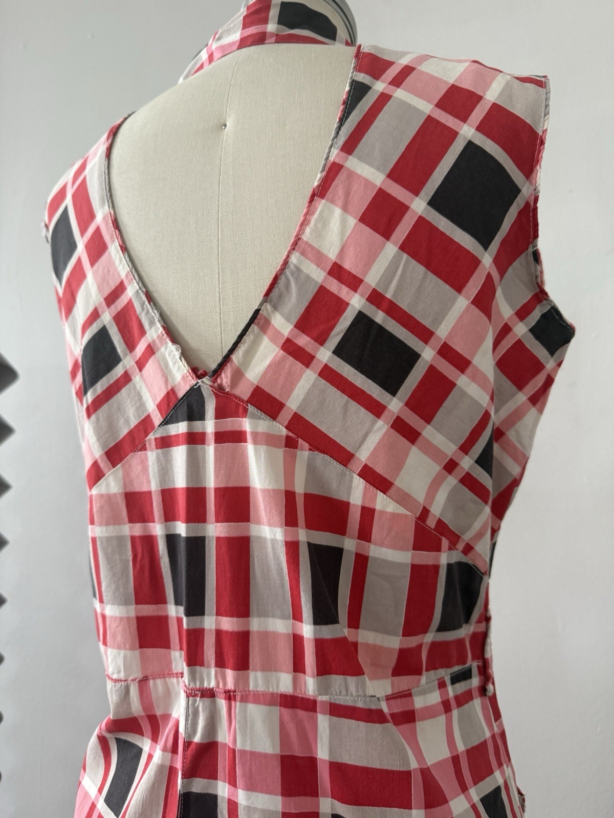 30s Glazed Cotton Plaid Pointed Collar 1/4 Zip Halter Dress Midi Sportswear S/M
