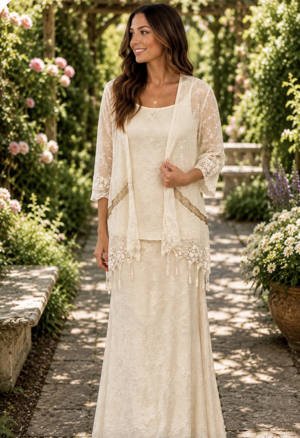 Spencer Alexis Ivory Lace 3 Piece Set Boho Maxi Skirt Tank Cardigan 8 Elegant