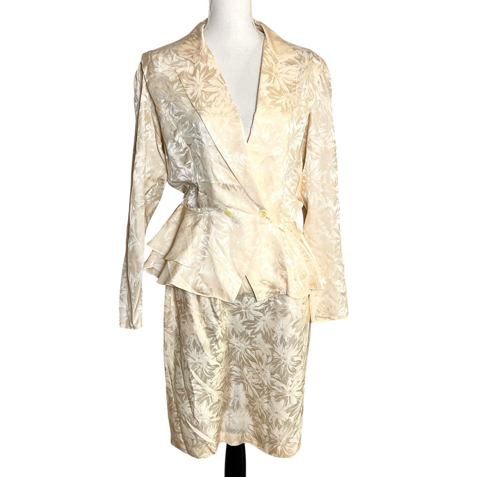 Vintage 80s 90s Argenti Silk 2 Pc Suit Ivory Floral Peplum Blazer Skirt M Bride