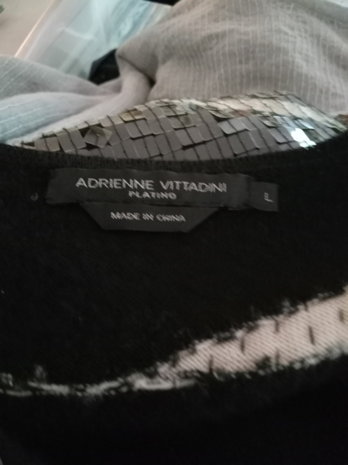 Vintage Adrienne Vittadini Black Grey MOD Sequined Sz L-Sweater Party Top
