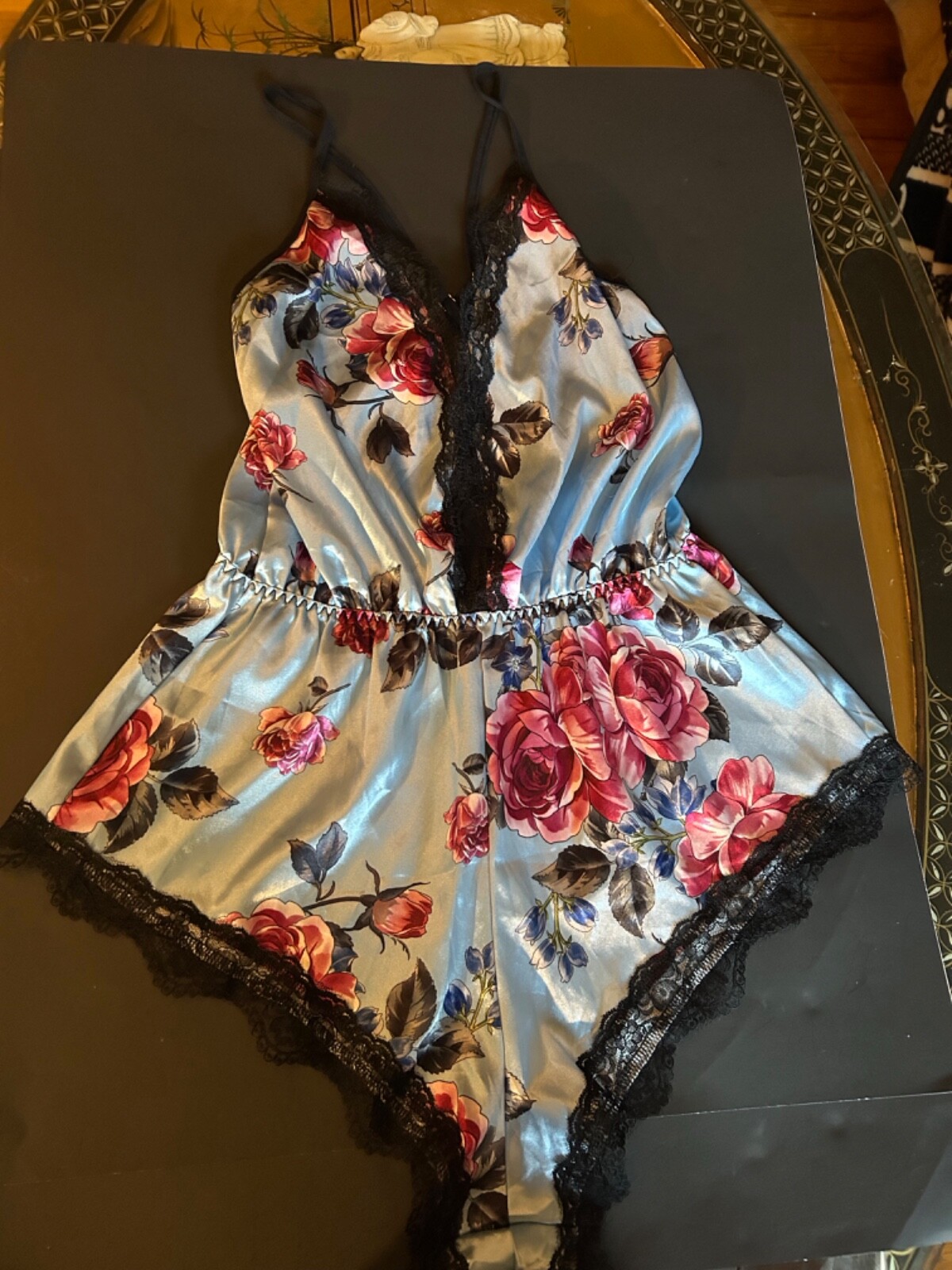 Glossy Satin Blue Floral Shiny Bodysuit TEDDY PLAYSUIT Romper Lingerie Cami M