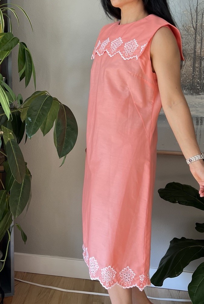 vintage 60s orange white embroidered sailor collar sheer mod midi dress medium
