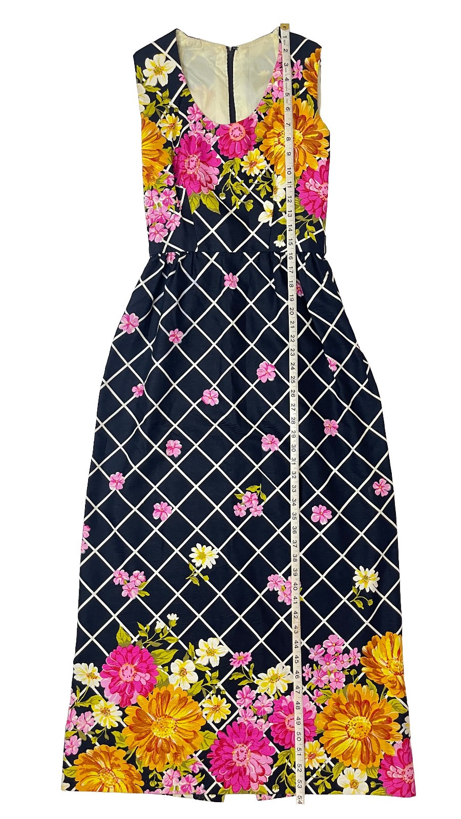 Vintage 1970s Floral Maxi Dress Pink Orange Border Print Black Sleeveless S