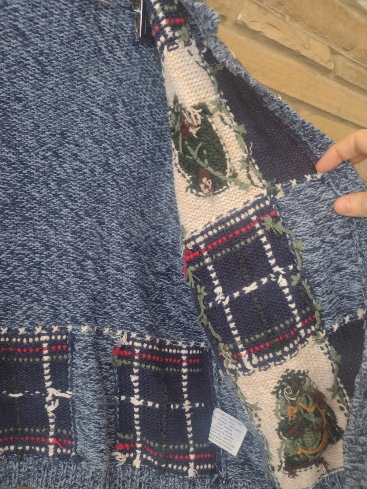 Nutcracker Ramie Cotton Blue Patchwork Cardinal Holiday Sweater Medium