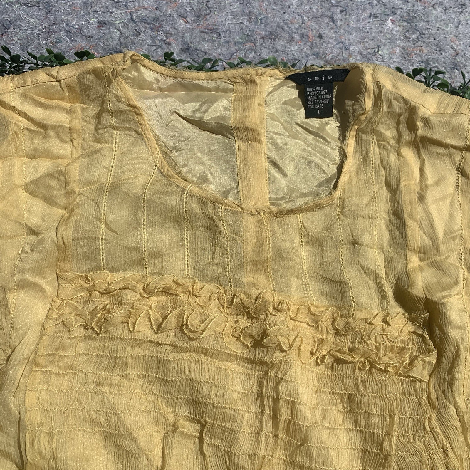 As Is vintage 90s Y2K designer yellow gold silk chiffon crop blouse top