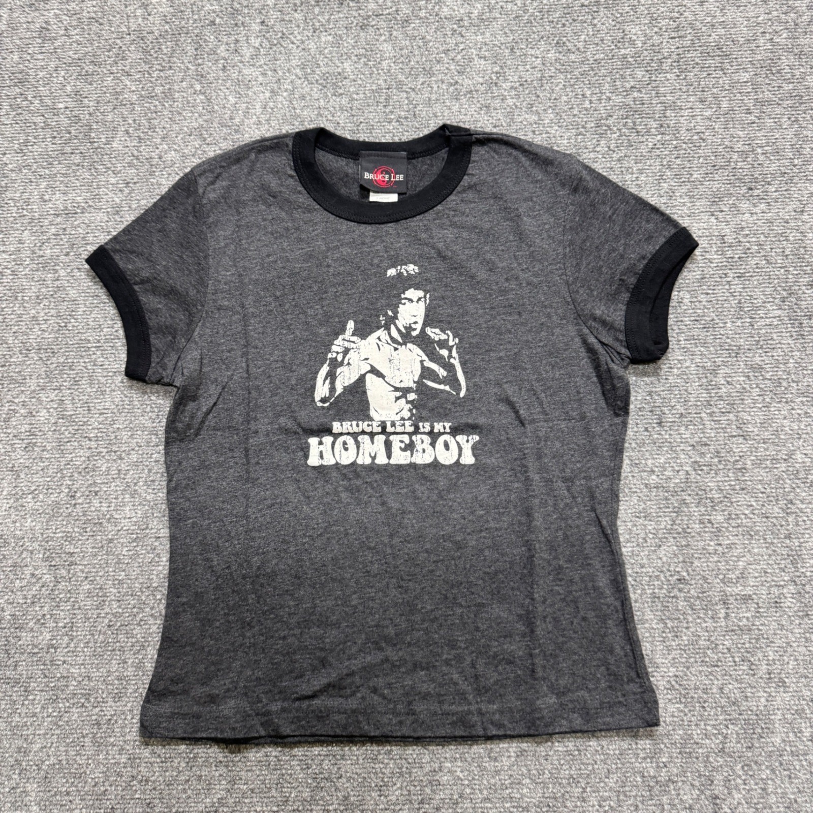 VTG Bruce Lee Shirt Top Womens L Gray Ringer T 90s Y2K Paper Tag Is my Homeboy