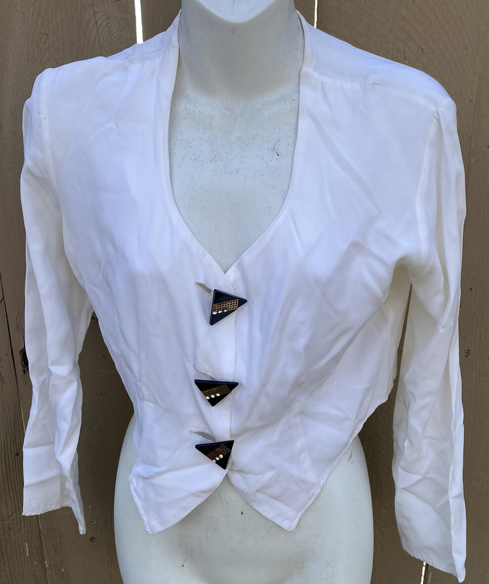 Vintage 90’s Anxiety Women’s Crop Top S white L/S triangle bling Button Blouse