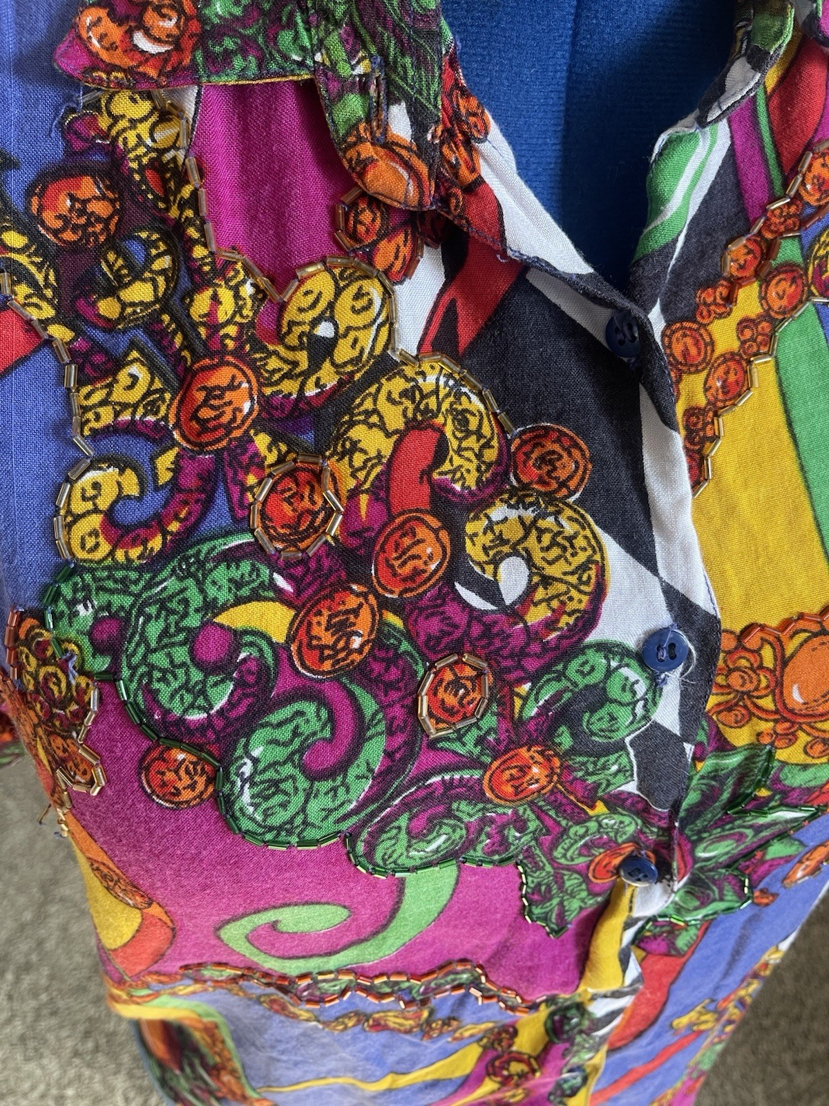 1980s Jane Ashley Sz Medium Multicolor SS Button Up w Beading, Checkers, Jewels