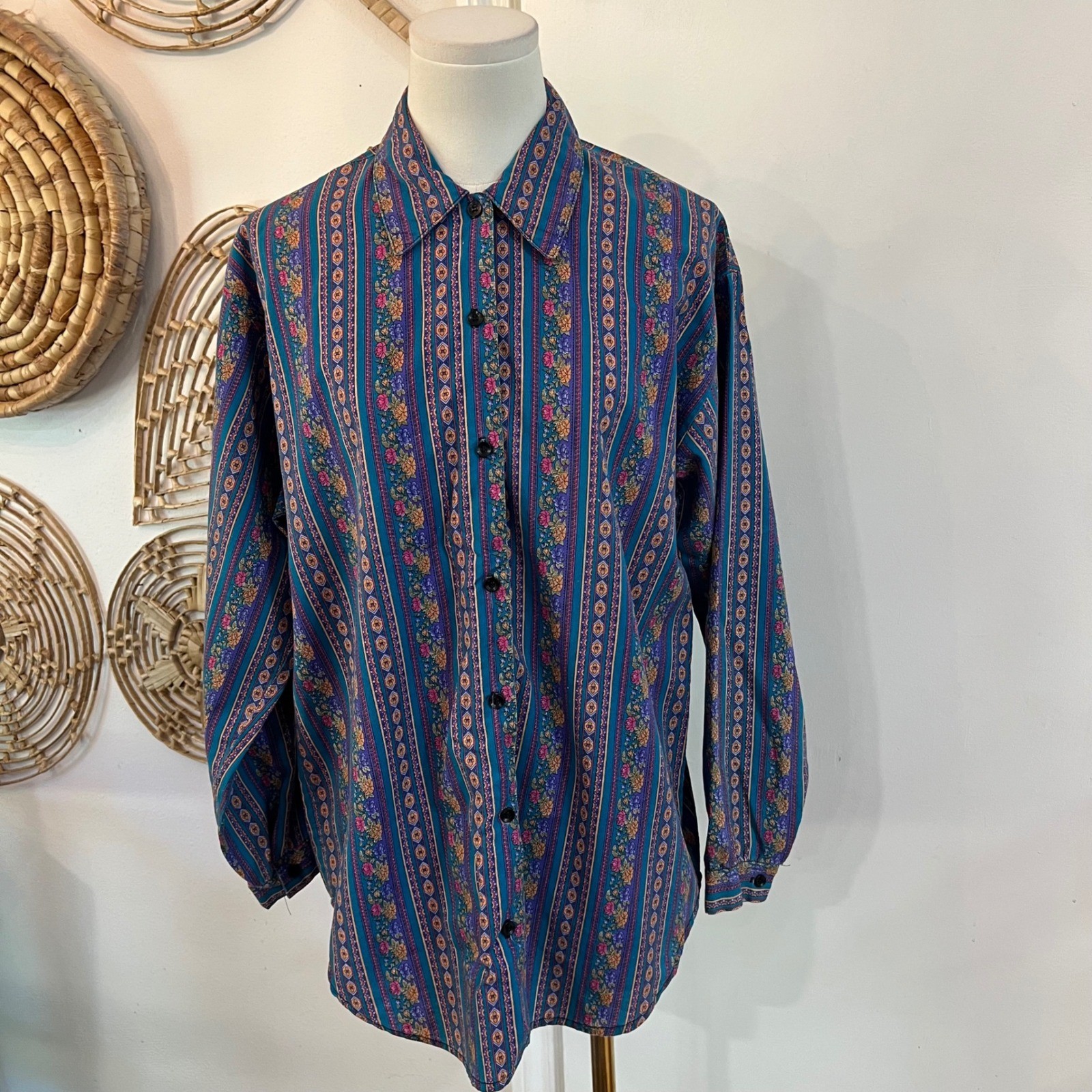 Vintage Jeri Marque Teal Cotton Blend Floral Stripe Button Down Shirt Boho USA M