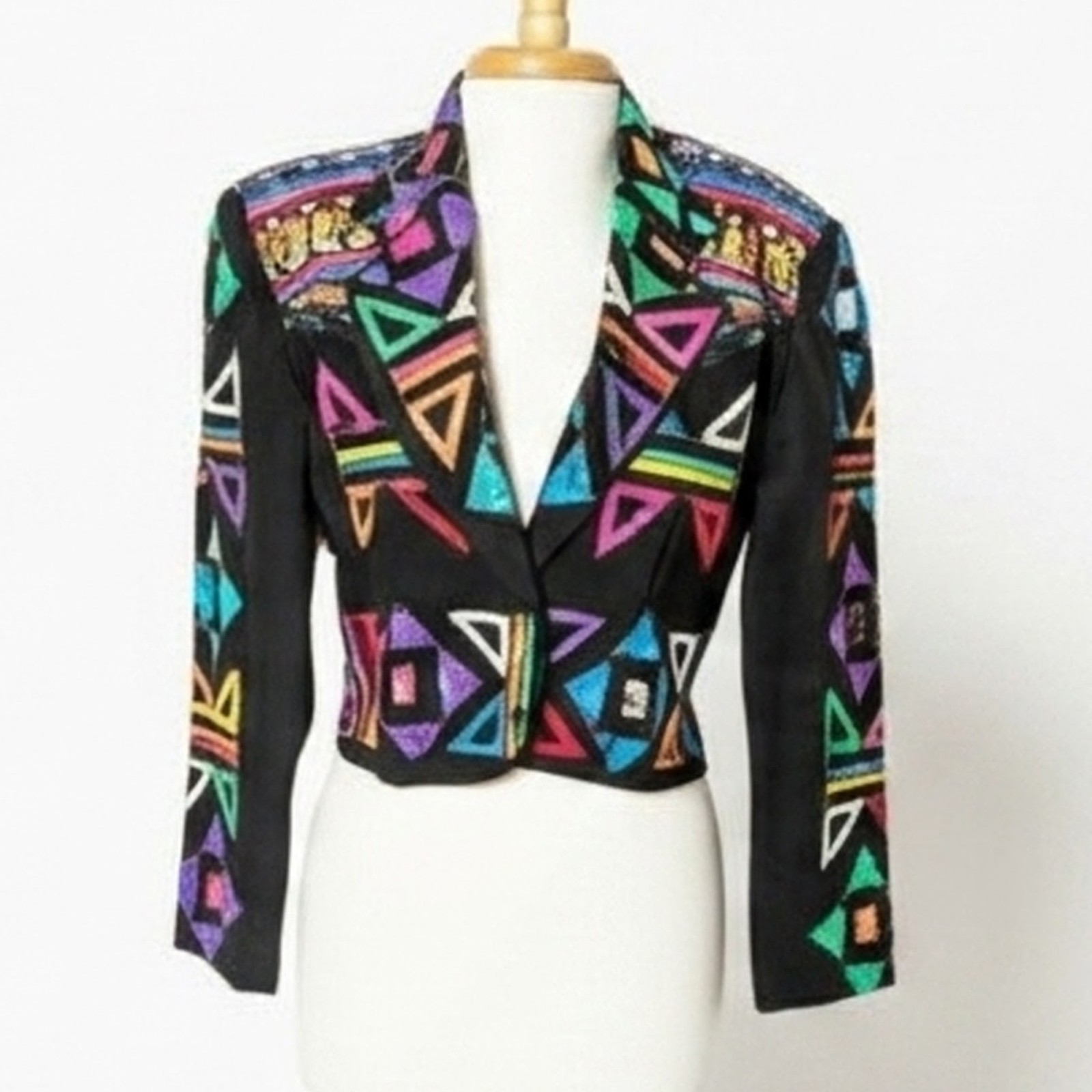 Vintage 1980s Modi Sequin Geometric Blazer Sz S Aztec Tribal Cotton Blend Jacket