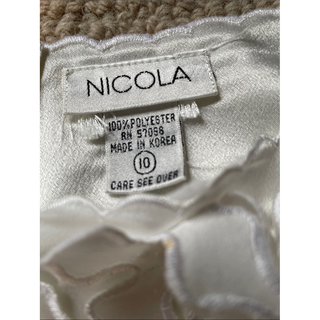 Vintage 80s NICOLA Floral Applique Ivory Cream Satin Blouse Shirt Size 10