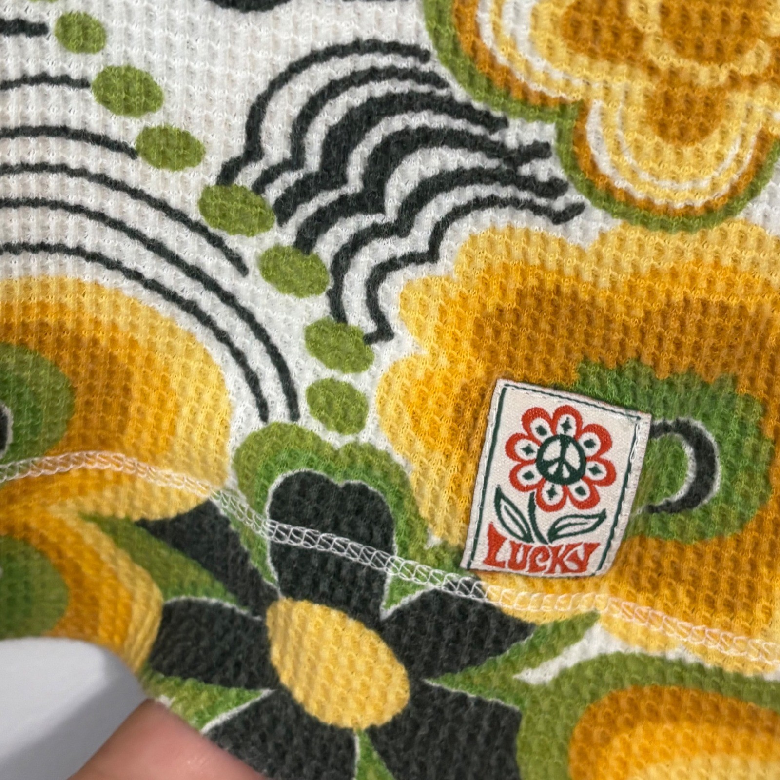 Lucky Brand Y2K Retro Floral Waffle Knit Henley Thermal Top Green Yellow
