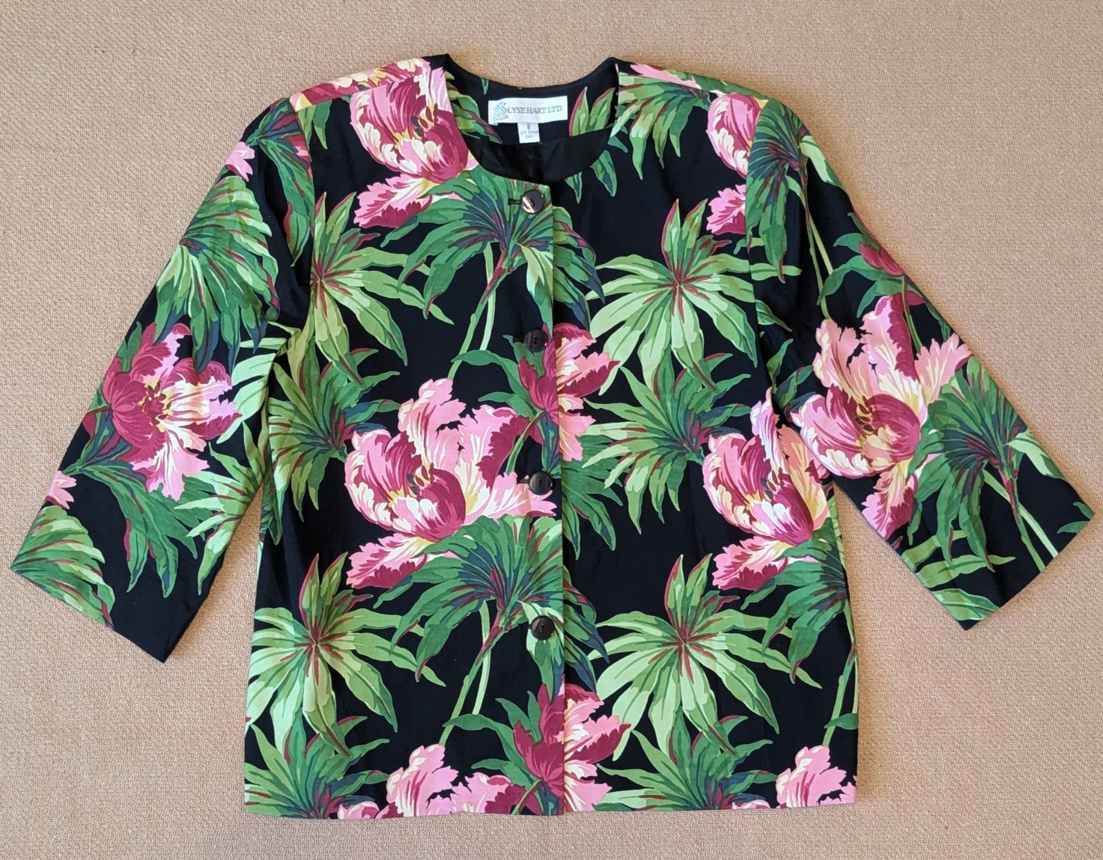 Vintage Ilyse Hart Ltd Tropical Floral Rayon 3/4 Sleeve Blazer Jacket