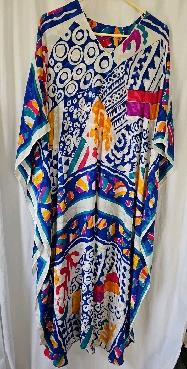 Vintage Ruth Norman Bright Multi Color Caftan Lounge Dress USA One Size