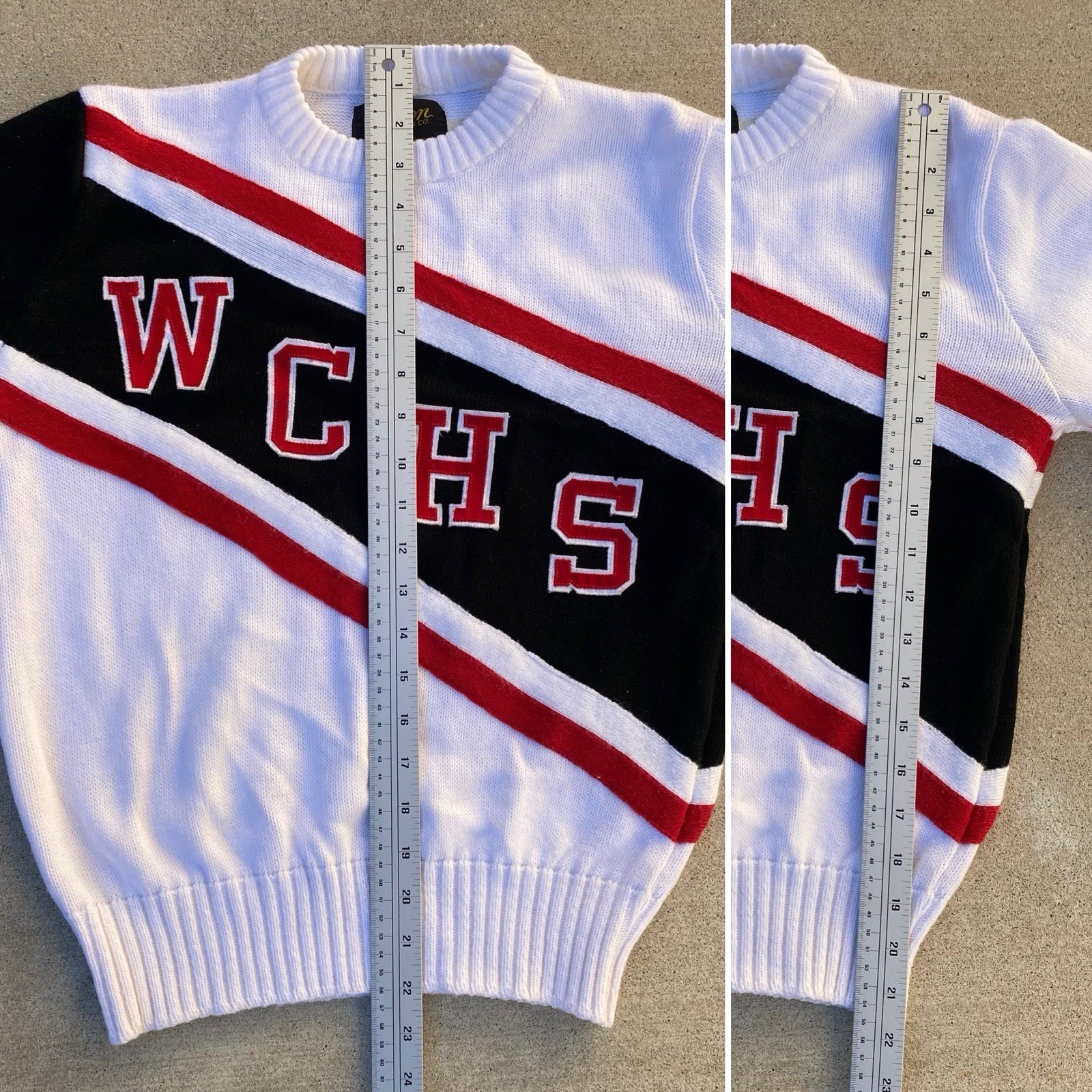 Vintage 80s Dehen Cheerleader Sweater WCHS White Black Red Acrylic Knit Size M