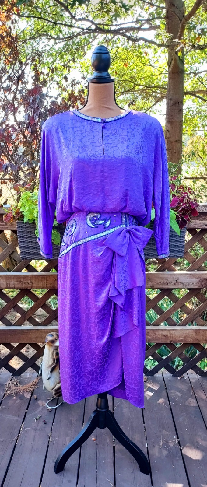 Vintage 80’s Spencer Jeremy 100% Silk Purple Silver Sequin Beaded Dress Size 12