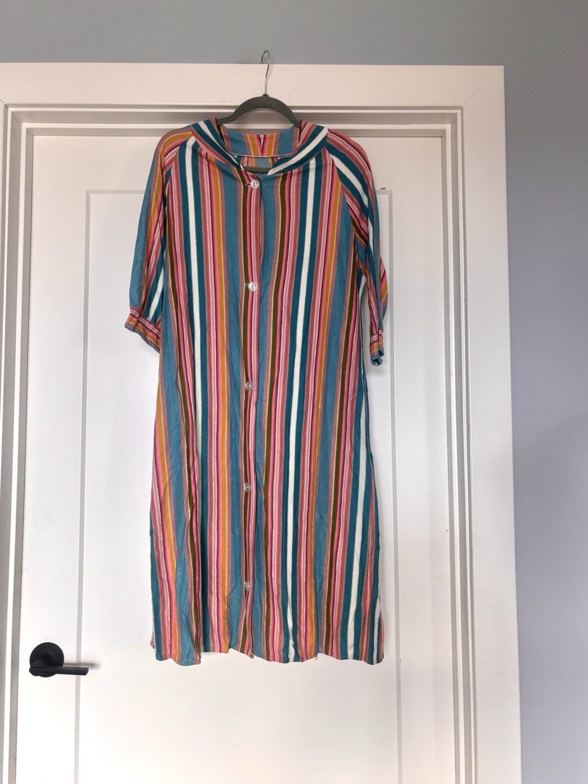 Vintage 70s Striped Colorful Terry Midi Lounge House Dress/ Pool Cover Up- Sz M