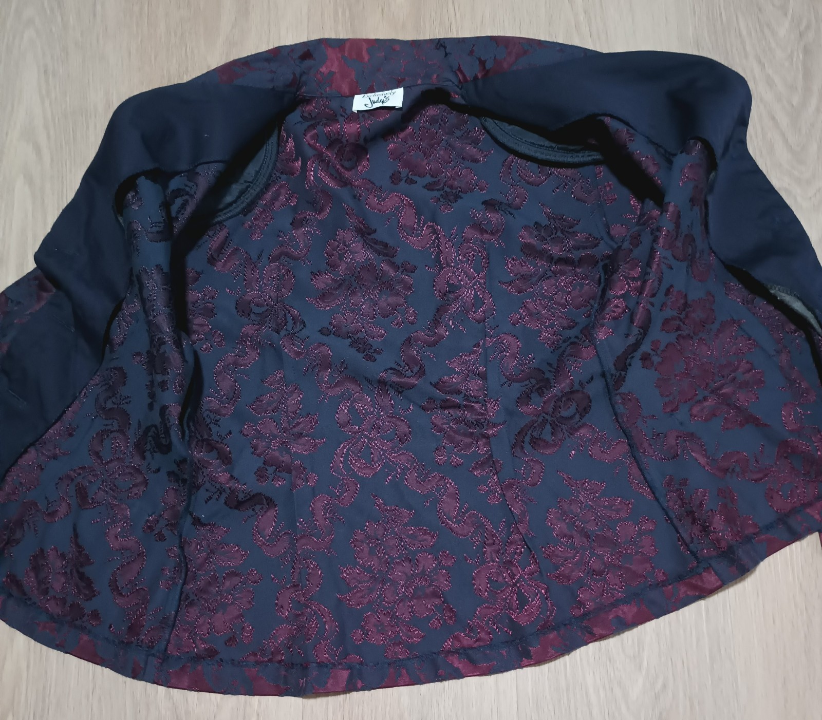 Vtg 80s JUDY’S Burgundy Navy Jacquard Blazer Jacket holiday festive steampunk S