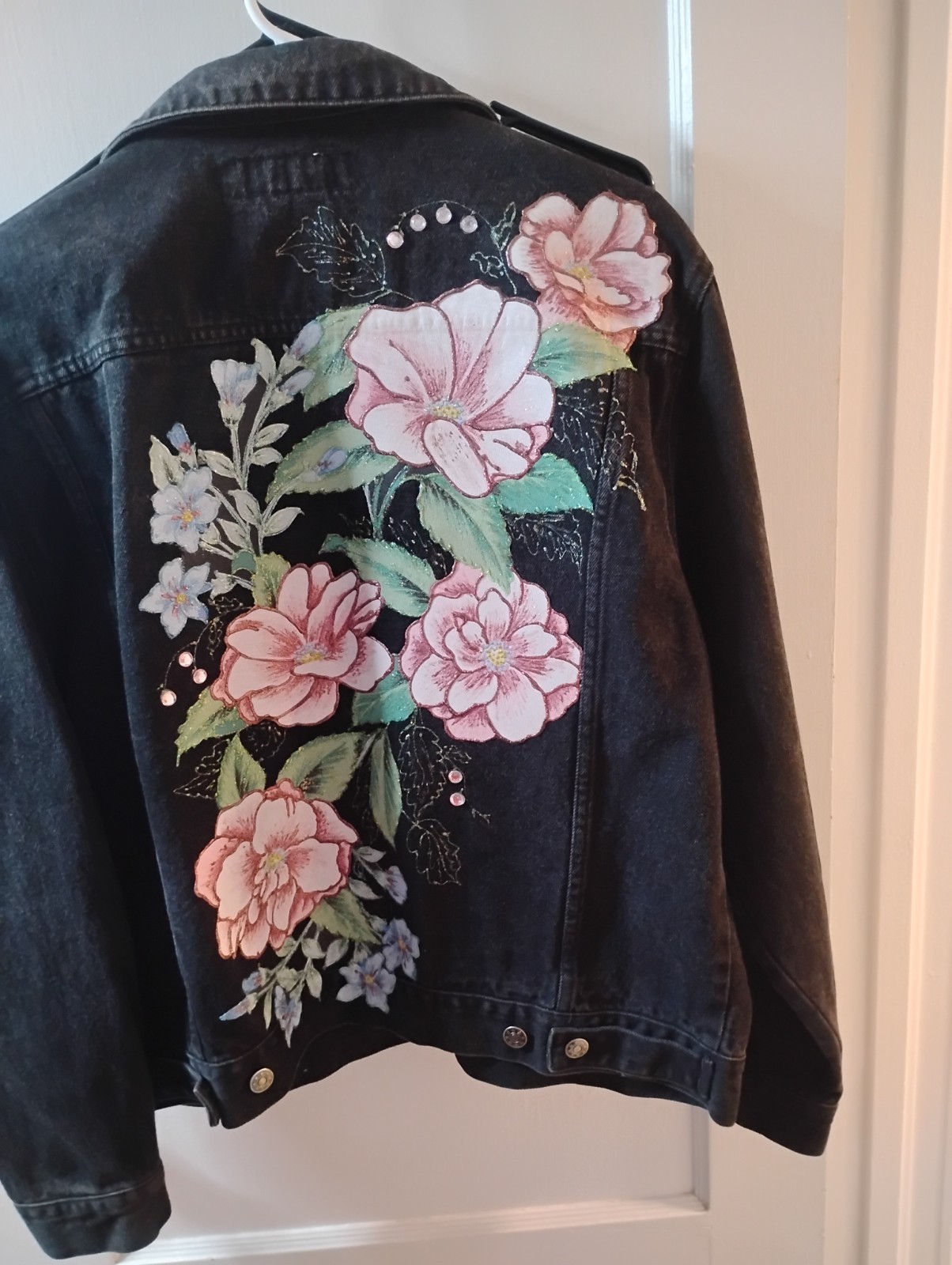 Vintage 80s Todays News Black Denim Jacket Embroidered Floral Rhinestone Concho