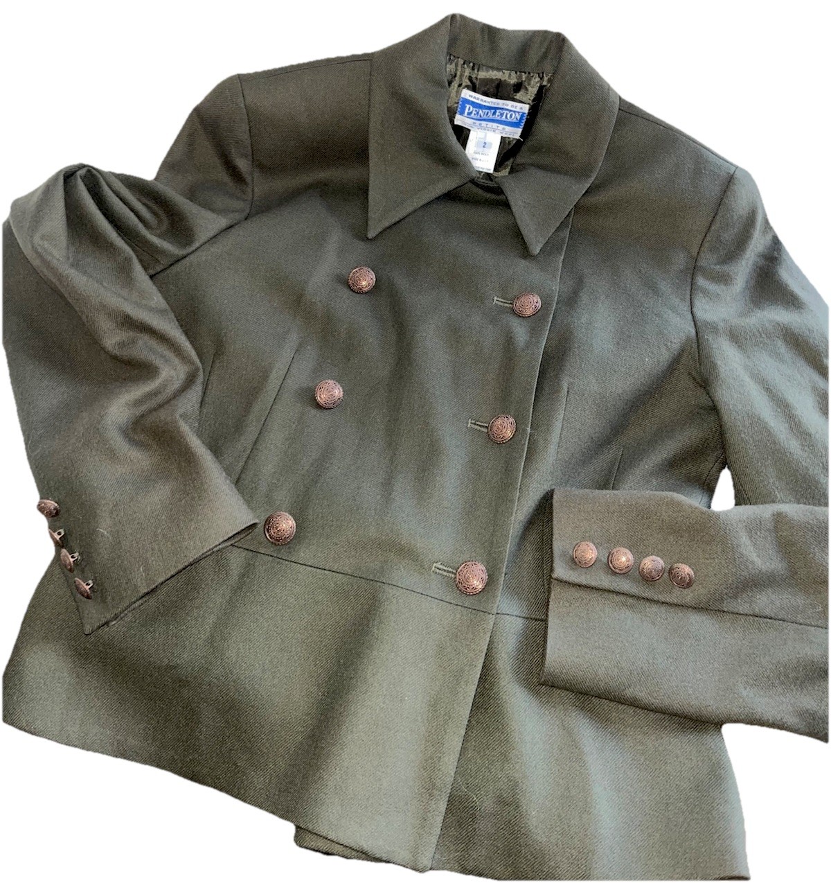 Vtg 90s Pendleton Wool Double Breasted Army Green Military Blazer Jacket 2 EUC!