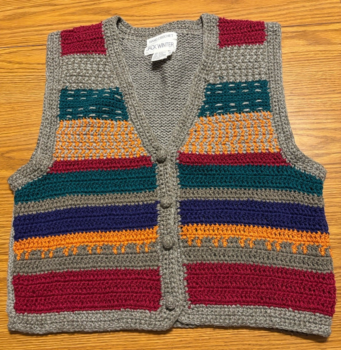 Jack Winter Vintage Hand Crochet Silk Blend Gray Striped Button Sweater Vest M