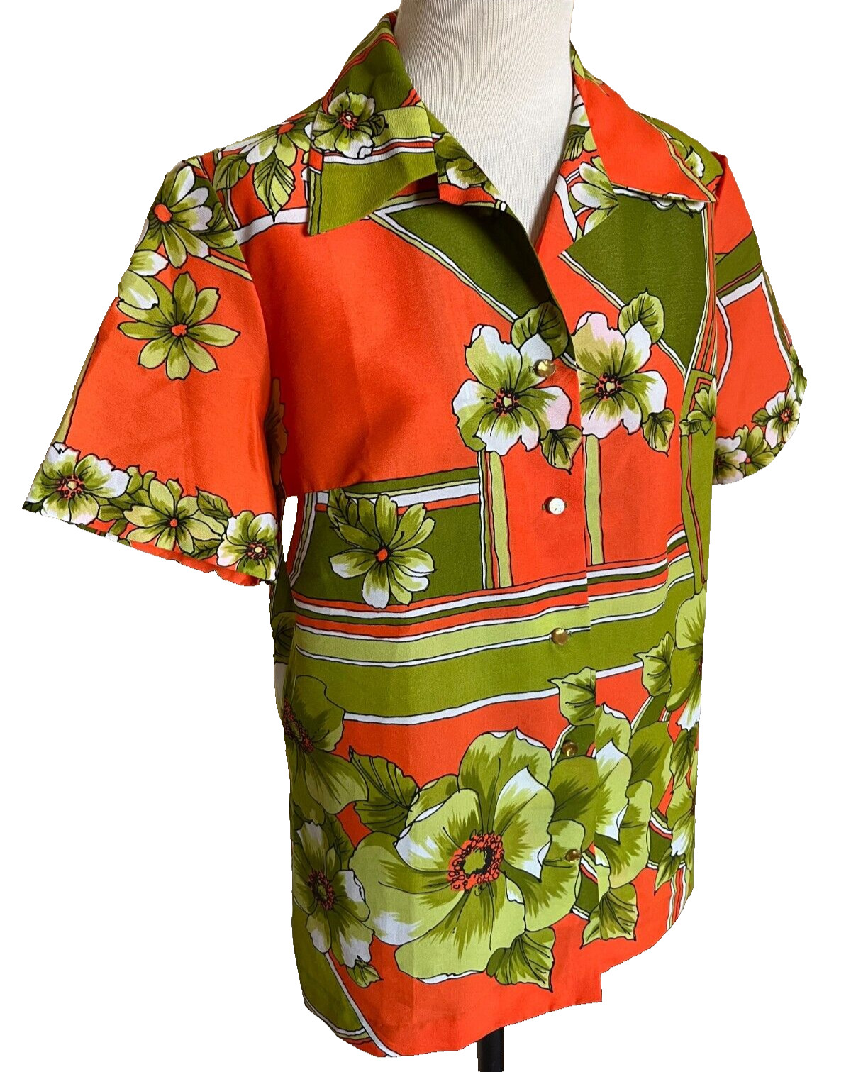 Vintage 1970s Womens Hawaiian Shirt Blouse Top Large Orange Green Floral Retro